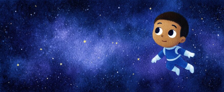 Charming watercolor of a cute cartoon space explorer in a vibrant blue suit floating in space