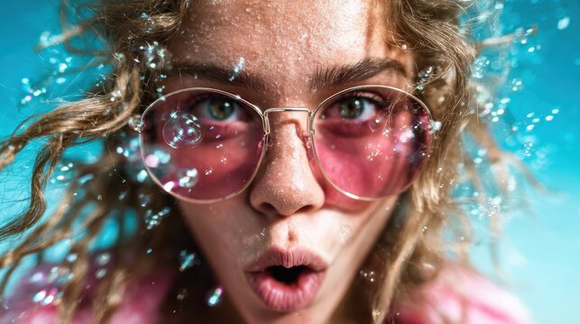A vibrant moment captured underwater, showcasing a woman with ecstatic expression and bubbles rising around her, symbolizing freedom and joy in a carefree aquatic environment.
