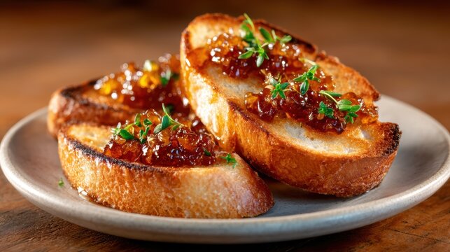 Deliciously toasted bread slices topped with rich jam and fresh herbs, presented on a rustic plate, inviting a delightful tasting experience with a blend of flavors and textures.