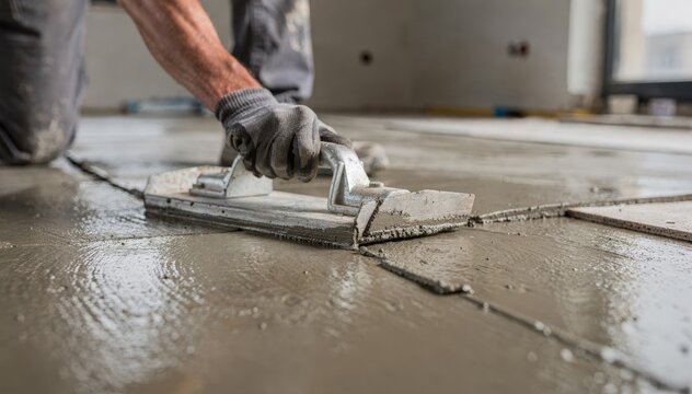 Medium shot detailing the smoothing of poured concrete layer for decoupled floor installation with sharp focus on the hand tool while the rest is softly blurred.