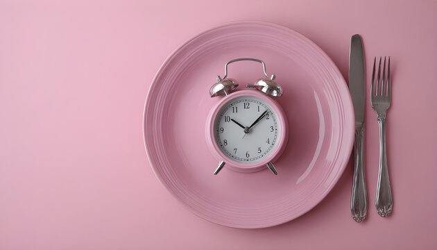 Table setting with alarm clock on pink background. Intermittent fasting concept
