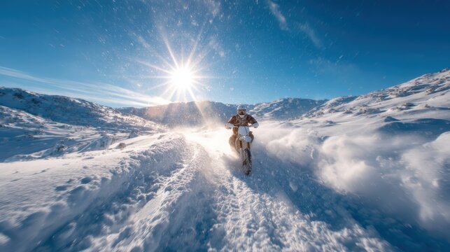 A fearless motocross rider races through a breathtaking snowy landscape, capturing the thrill of adventure and the beauty of winter&rsquo;s scenic backdrop.