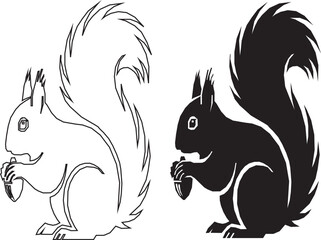 A vector illustration featuring two squirrels in profile, one as a black outline and the other as a solid black silhouette, both holding a small acorn with their paws. © Zuhaib