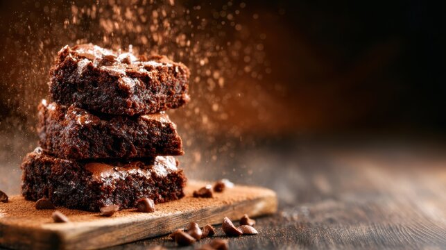 A stack of decadent chocolate brownies dusted with powdered sugar stands proudly on a wooden board, enticing chocolate lovers to indulge in a sweet treat.
