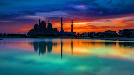 Naklejka premium Silhouette of the Sheikh Zayed Grand Mosque reflected beautifully in tranquil turquoise water during a dramatic orange and purple sunset
