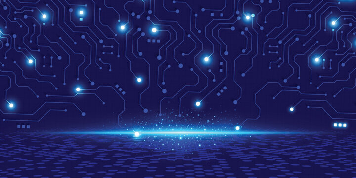 Futuristic blue circuit board technology background with glowing digital network, data connections and virtual tech horizon