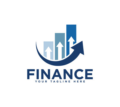 A professional financial growth logo featuring upward trending bar charts and a swooping arrow icon