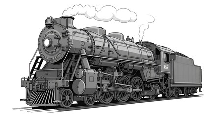 Fototapeta premium Vintage Steam Locomotive Train, Black and White Illustration, Retro Transport Icon