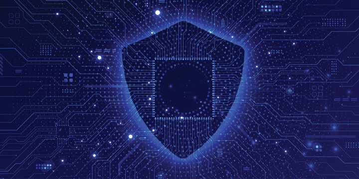 Blue cyber security shield on digital circuit board background, futuristic data protection and network firewall technology concept