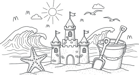 Naklejka premium Creative beach sandcastle with a castle theme and seaside tools
