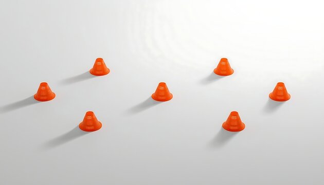 Several bright orange training cones are scattered across a clean white surface with soft shadows.