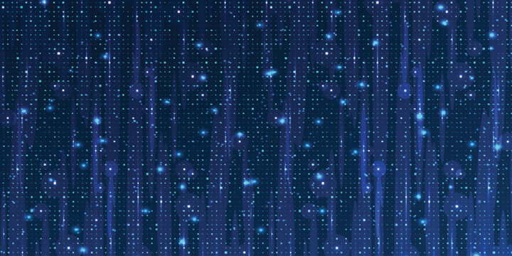  Blue digital rain of glowing squares and lines, abstract data stream matrix background, futuristic technology concept