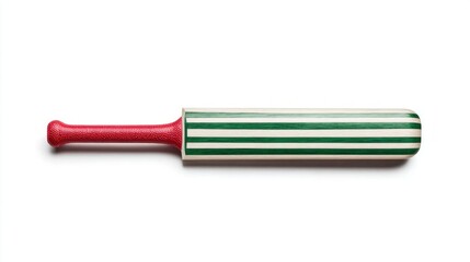Fototapeta premium Striped wooden cricket bat with red grip on a white background