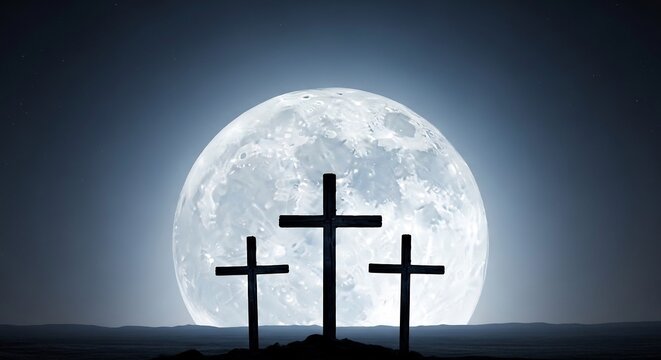 Three Crosses Silhouetted Against a Full Moon.