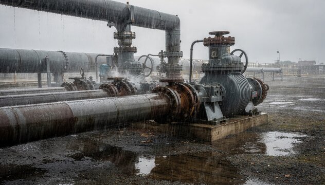 Rainsoaked pipelines and pumps at an outdoor bauxite slurry pumping station showcasing weatherresistant infrastructure in action during wet conditions.