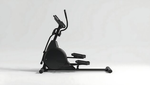 A modern black elliptical cross-trainer machine stands ready for a cardio workout on a clean background.