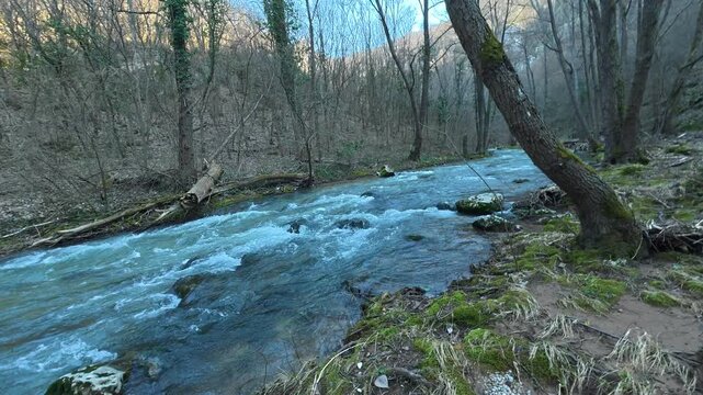 Walking Along Mountain River &ndash; Continuous POV Movement Through Forest. Ozren Mountain, Sokobanja region. Balkans, Serbia.