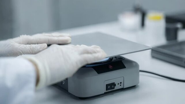 Closeup of a technician analyzing gloss and haze with a benchtop meter focusing on precision measurement for optical quality control.