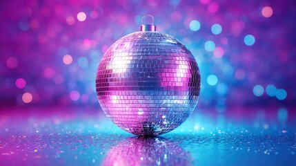 Obraz premium Sparkling disco ball reflecting vibrant pink and blue lights on a glittery surface