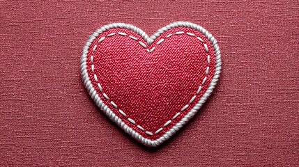 Obraz premium Close-up of a red fabric heart with white stitching on a textured red background