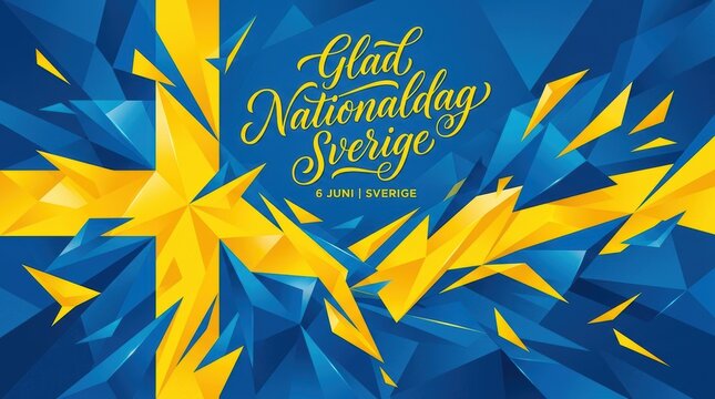 A geometric abstract illustration inspired by the Swedish flag, with sharp triangles and parallelograms in blue and yellow intersecting dynamically, elegant modern calligraphy &ldquo;Glad Nationaldag Sverig