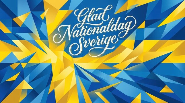 A geometric abstract illustration inspired by the Swedish flag, with sharp triangles and parallelograms in blue and yellow intersecting dynamically, elegant modern calligraphy &ldquo;Glad Nationaldag Sverig