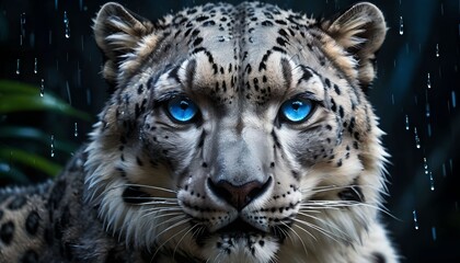 Fototapeta premium Majestic snow leopard portrait with glowing blue eyes in the rain, extreme close-up of wild cat face with water droplets, photorealistic nature photography, 8k resolution