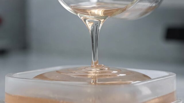 Closeup medium shot of flexible specialty resin being poured into a mold highlighting the liquids elasticity and smooth texture during formulation for additive manufacturing.