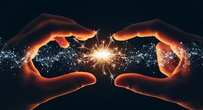 Two human hands holding a glowing spark of light connected by a complex digital network pattern