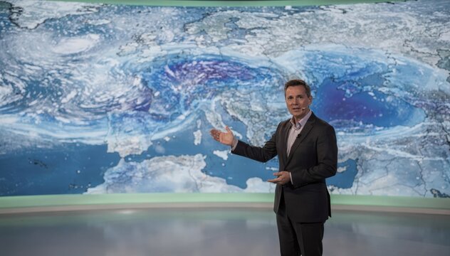 Snowfall forecast displayed in a green screen weather studio as the anchor points to cold front areas on the virtual map with the background gently defocused.