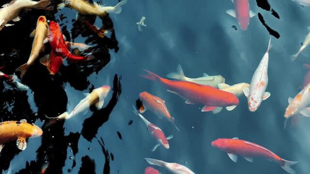 Golden carps and koi fishes in the pond.