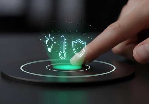 A close up of a human finger pressing a digital smart home control interface with glowing icons