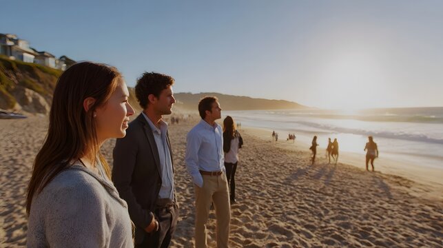 A group of colleagues on a beach looking out at the ocean during a warm sunset