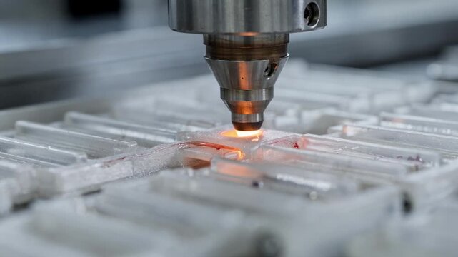 Closeup medium shot capturing ultrasonic welding fusing plastic trap components highlighting intricate industrial process and seamless finishing.