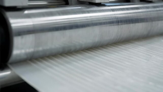 Footage of linear rollers creating parallel embossed lines on soft plastic sheets emphasizing uniform texture application and mechanical process efficiency.