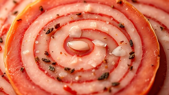 yanked. Close-up of a mortadella slice showing its marbled pattern of meat and fat. menu design, packaging mockups, designed for food delivery and cloud-kitchen brand materials, used by hr managers.