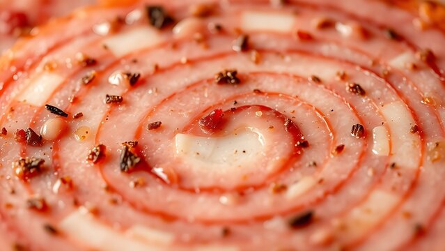 yanked. Close-up of a mortadella slice showing its marbled pattern of meat and fat. menu design, packaging mockups, designed for food delivery and cloud-kitchen brand materials, used by hr managers.