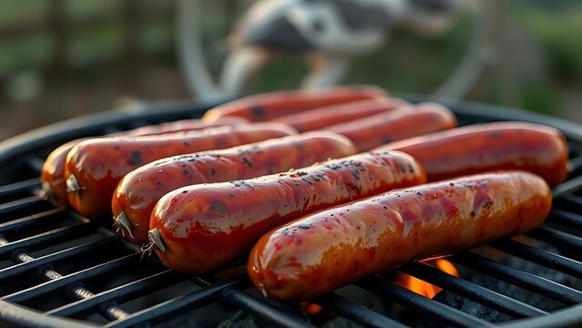 chipolata. Glossy sausages on a charcoal grill with rising smoke in warm light. menu design, packaging mockups, designed for food delivery and cloud-kitchen brand materials.