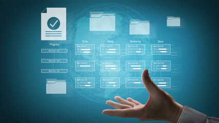 Task management workflow dashboard visualizing to-do lists, ongoing tasks, review status, and...