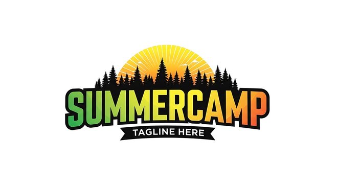 Summer camp logo with sunset and trees