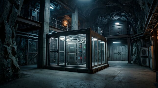 Secure server equipment housed inside a reinforced glass cage within a dark, subterranean military bunker environment.