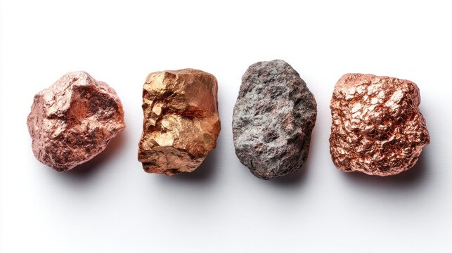 Raw copper ore samples isolated on a white background, top view