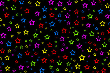 Obraz premium Colorful star pattern on black background with vibrant neon stars scattered across. Ideal for party designs, kids themes, wallpapers, festive backgrounds, graphic design projects.