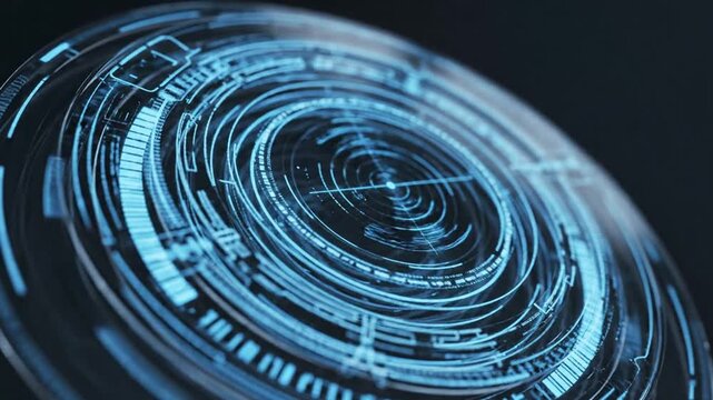 Futuristic blue white spiral fingerprint pattern glowing against black background, digital art innovation concept