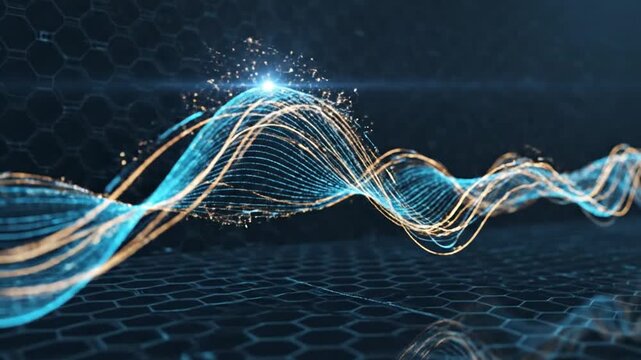 Glowing wavy line of blue-gold dots flowing across deep night sky forming luminous waveform pattern