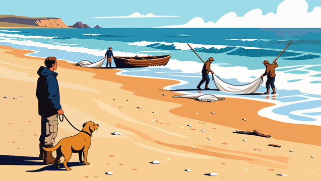 Man and Dog Watch Fishermen Hauling Net on Sandy Beach with Boat and Ocean Waves water.