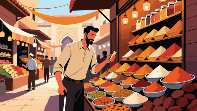 Man browsing colorful spices at a bustling outdoor market stall vector illustration.