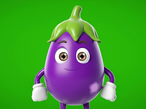 Friendly cartoon eggplant character waving cheerfully