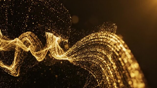 Elegant golden data visualization with flowing dots and lines on dark backdrop, top-bottom split composition for digital art