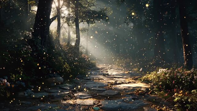 A path in an enchanted forest with sunbeams filtering through the trees and glowing particles in the air. Magical nature, Dreamlike landscape, Hope and light